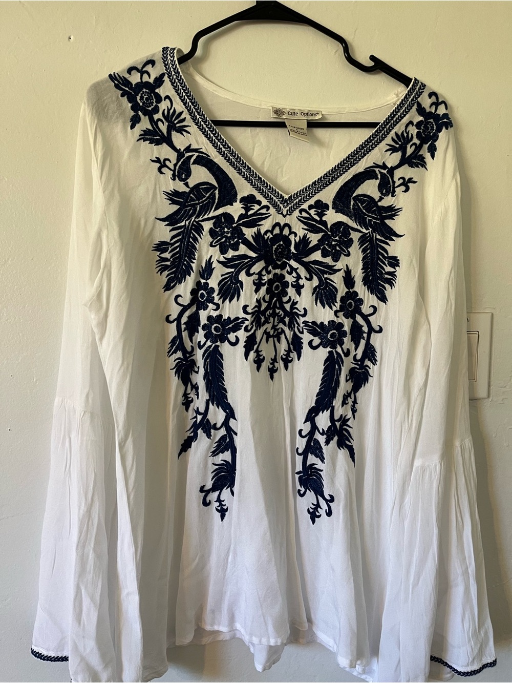 Cute Options White V-Neck Tunic with Navy Embroidery